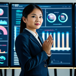 A professional Malaysian individual, formerly a corporate lawyer, now working as a cybersecurity and data privacy expert. Dressed in smart, modern business attire, fully clothed, modest clothing, appropriate attire, professional dress. Standing confidently in a bright, futuristic tech office with large screens displaying abstract data visualizations in the background. The lighting is clean and well-lit. Professional photography, high-resolution, sharp focus, perfect anatomy, correct proportions, natural pose, well-formed hands, proper finger count, natural body proportions, safe for work, appropriate content, fully clothed, professional.