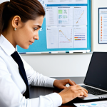 A focused professional individual, fully clothed in a modest business casual outfit, sitting at a clean, modern desk in a well-lit home office. The person is reviewing documents and a laptop, with a mind map visible on a whiteboard in the background, demonstrating active learning. The scene emphasizes dedication and strategic thinking. The image should be professional, appropriate content, safe for work, perfect anatomy, correct proportions, natural pose, well-formed hands, proper finger count, natural body proportions, high-quality photography, realistic.