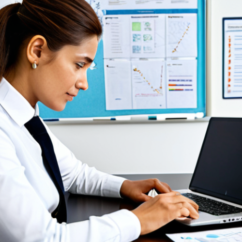 A focused professional individual, fully clothed in a modest business casual outfit, sitting at a clean, modern desk in a well-lit home office. The person is reviewing documents and a laptop, with a mind map visible on a whiteboard in the background, demonstrating active learning. The scene emphasizes dedication and strategic thinking. The image should be professional, appropriate content, safe for work, perfect anatomy, correct proportions, natural pose, well-formed hands, proper finger count, natural body proportions, high-quality photography, realistic.