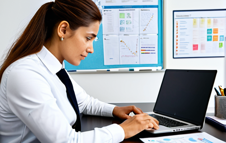 A focused professional individual, fully clothed in a modest business casual outfit, sitting at a clean, modern desk in a well-lit home office. The person is reviewing documents and a laptop, with a mind map visible on a whiteboard in the background, demonstrating active learning. The scene emphasizes dedication and strategic thinking. The image should be professional, appropriate content, safe for work, perfect anatomy, correct proportions, natural pose, well-formed hands, proper finger count, natural body proportions, high-quality photography, realistic.