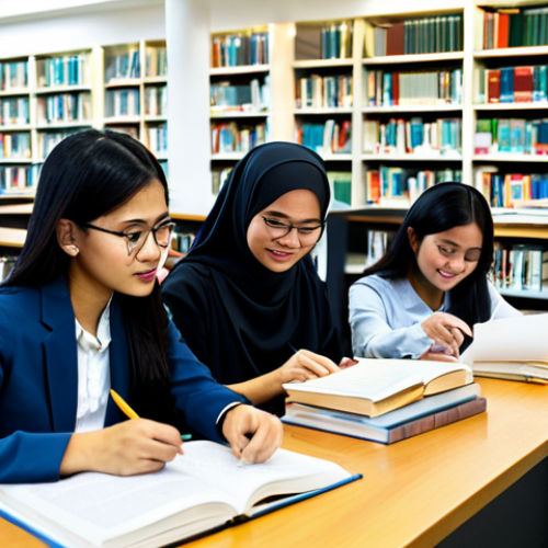 **

A diverse group of Malaysian law students in a brightly lit university library, studying together at a table covered in textbooks and notes. Some are discussing cases, others are making flashcards. All are fully clothed in modest and appropriate attire. The scene conveys a sense of collaboration and hard work. Safe for work, professional, family-friendly, perfect anatomy, correct proportions, natural pose.

**