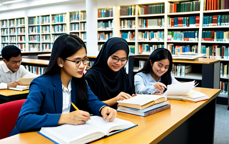 **

A diverse group of Malaysian law students in a brightly lit university library, studying together at a table covered in textbooks and notes. Some are discussing cases, others are making flashcards. All are fully clothed in modest and appropriate attire. The scene conveys a sense of collaboration and hard work. Safe for work, professional, family-friendly, perfect anatomy, correct proportions, natural pose.

**